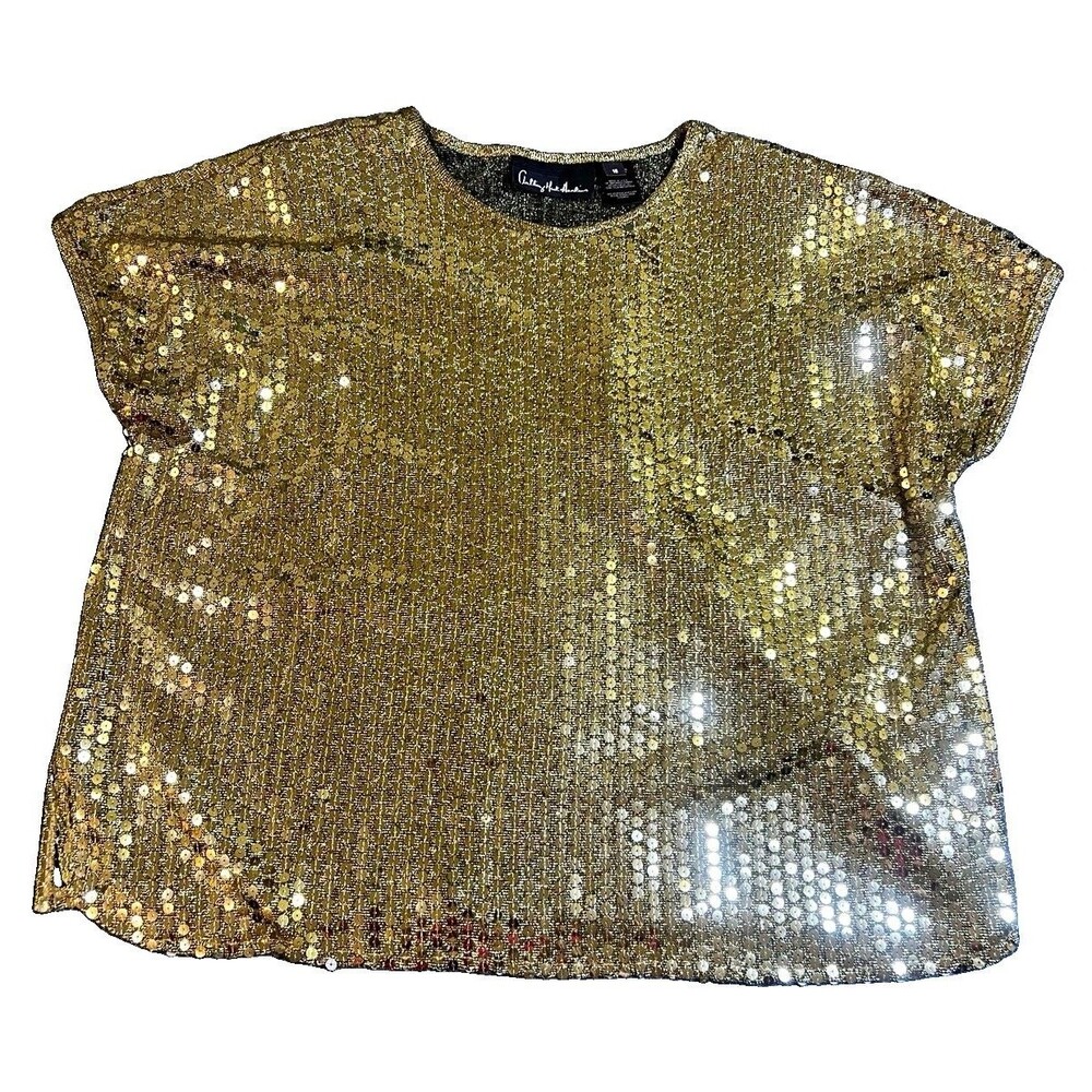 Anthony Mark Hankins Gold Sequin Knit Round Neck Pullover Cap Sleeve Blouse 18